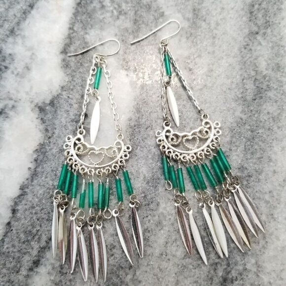 Vintage Jewelry - Vintage Long Dangle Fringe Earrings, Statement, Green and Silver Tone, Unsigned
